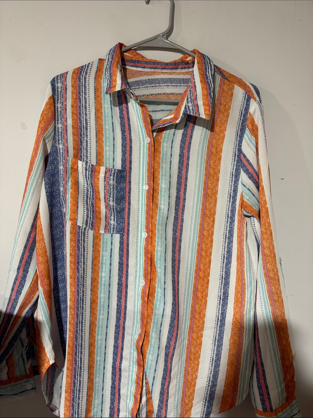 Men's Striped Button-Up Shirt in Orange, Blue & Mint
